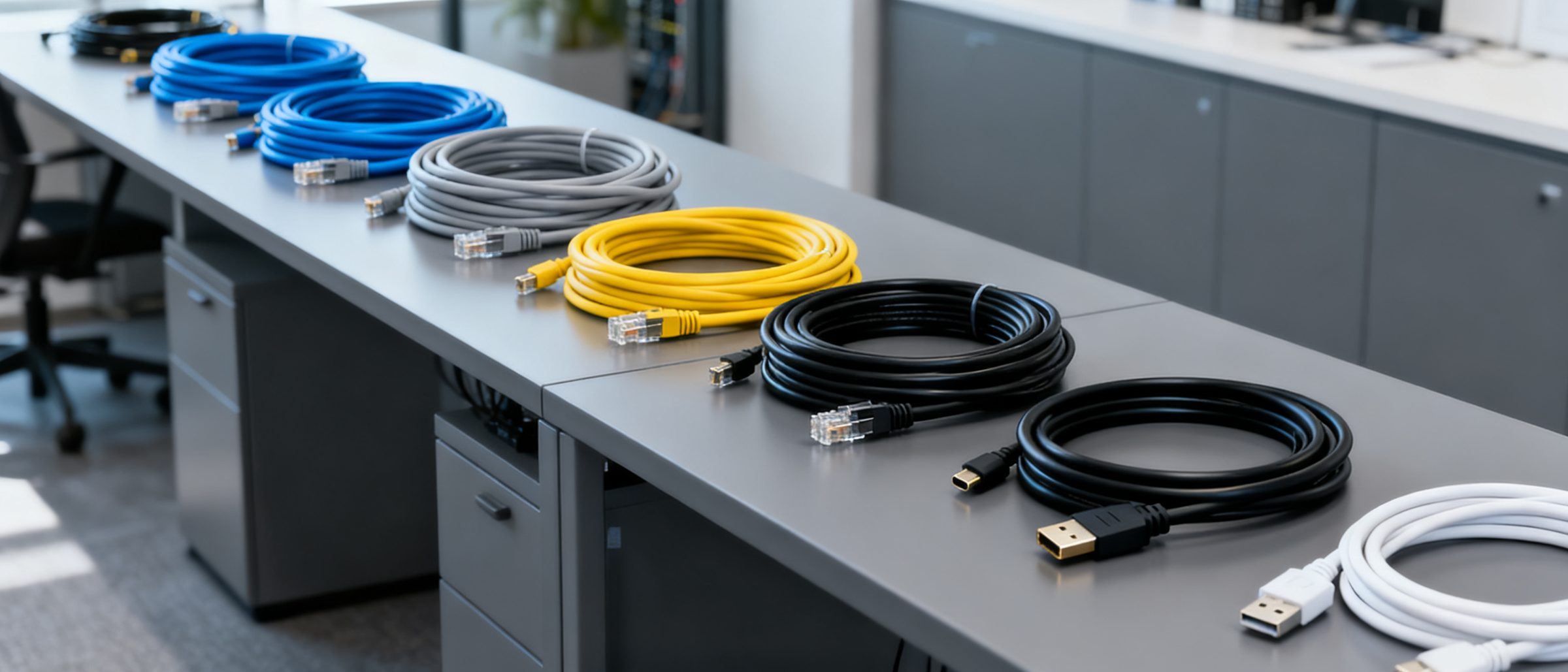 Coils of network, video and USB cables on a workbench
