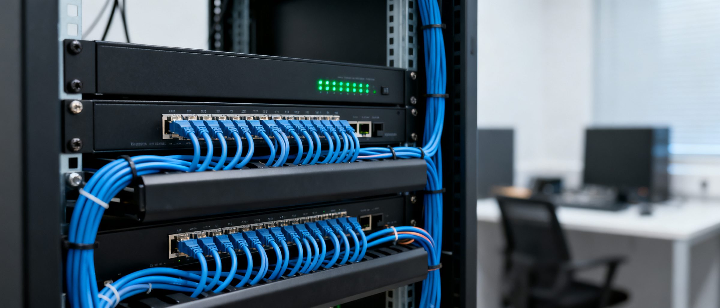 Neatly dressed blue Ethernet patch cables plugged into a patch panel in a network rack